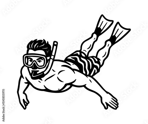 Man Swimming Underwater with Snorkel Gear and Flippers Illustration Black and White