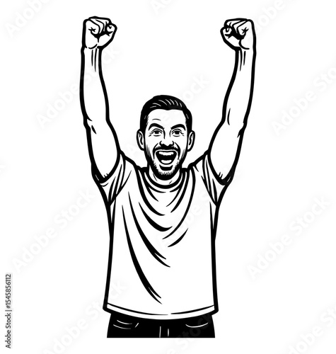 Man Cheering with Arms Raised in Black and White Illustration with Happy Expression