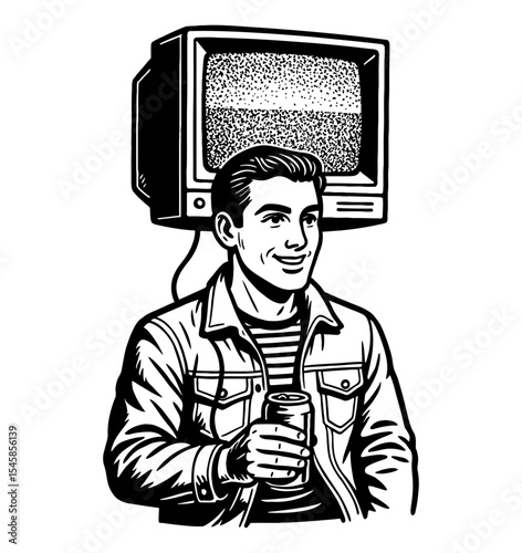 Man with TV Head Holding a Drink, Black and White Illustration, Smiling and Relaxed