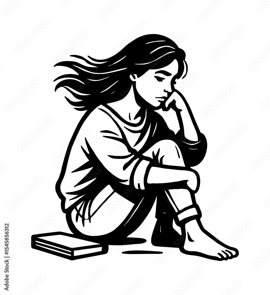 Fototapeta premium Depressed young woman sitting with head in hand with sad expression in black and white