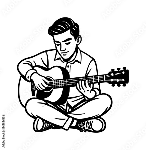 Man Playing Acoustic Guitar Sitting Cross Legged in Black and White Outline Style