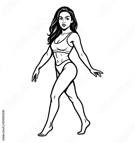 Full Body Line Art Illustration of an Athletic Woman in Swimsuit Walking with Relaxed Pose
