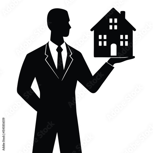 Silhouette of real estate agent with building model