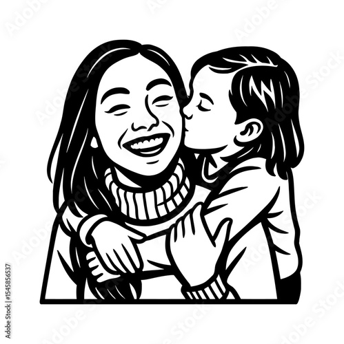 Happy Asian Mother Embracing and Kissing Daughter with Affectionate Black and White Vector Portrait