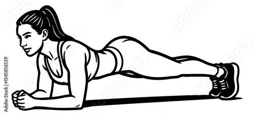 Woman doing plank exercise, illustration, vector, in black and white line art