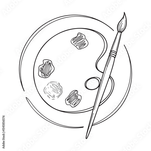 Artists Palette with Paintbrush Sketch Black and White