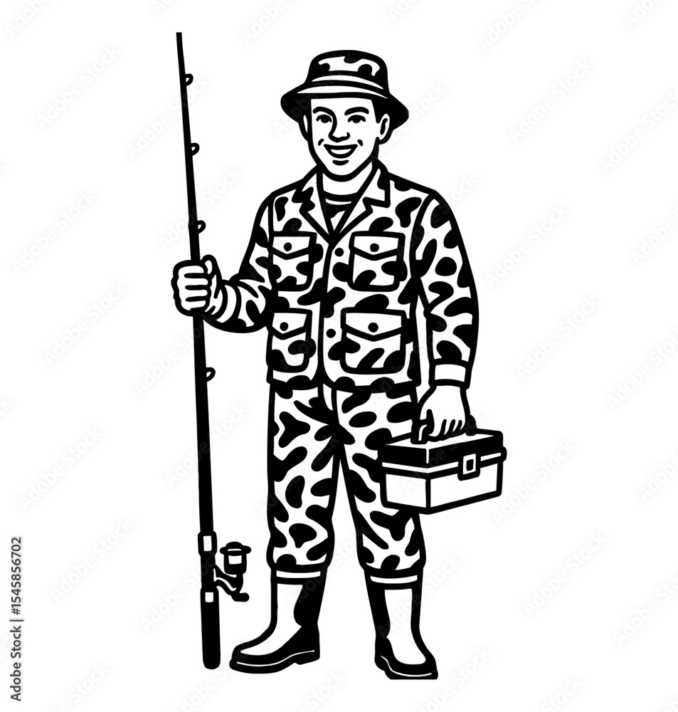 Fototapeta premium Fisherman in Camouflage with Fishing Pole and Tackle Box Black and White Illustration