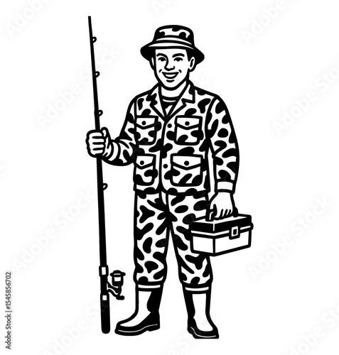 Fisherman in Camouflage with Fishing Pole and Tackle Box Black and White Illustration