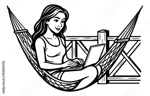 Woman Working on Laptop in Hammock, Smiling and Relaxed in Black and White Line Art