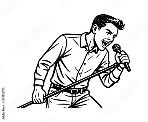 Young Man Singing Loudly Into Microphone, Holding Mic Stand, Wearing Shirt and Pants Illustration
