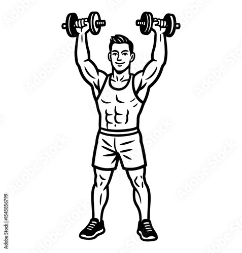 Man Lifting Dumbbells in Black and White Illustration, Athletic Figure Exercise Training