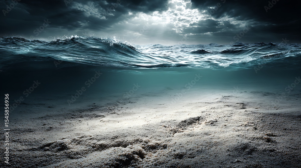 Fototapeta premium Dramatic ocean scene stormy waves underwater sandy seabed