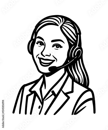 Smiling Asian Woman Customer Service Representative with Headset in Black and White Line Art