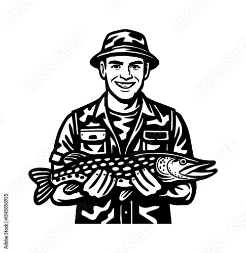 Happy fisherman holding a big fish, smiling, in detailed black and white drawing