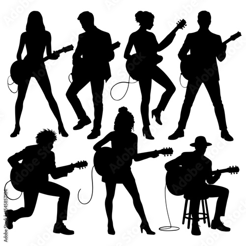 Silhouettes of people playing acoustic guitars