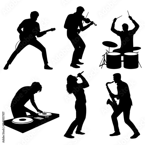 Silhouettes of musicians playing different instruments