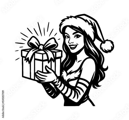 Smiling Woman in Santa Hat Holding Gift Box Vector Illustration, Christmas Concept