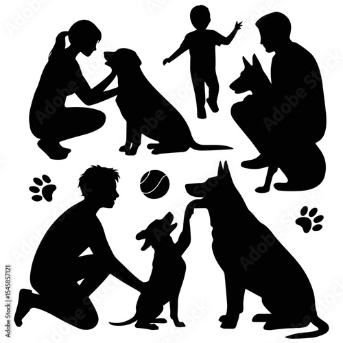 Silhouettes of people and dogs in various poses