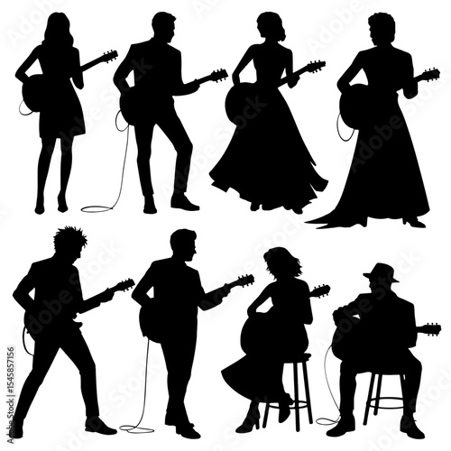 Silhouettes of people playing acoustic guitars