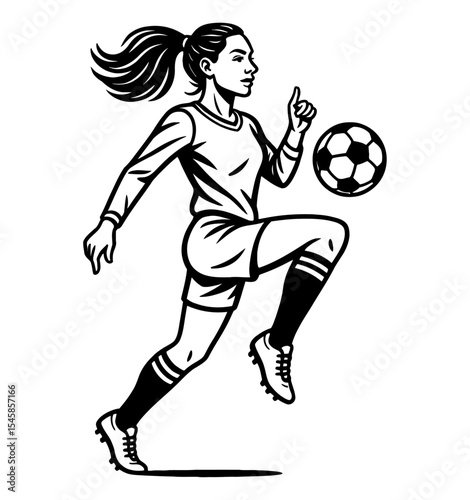 Asian Woman Soccer Player Running and Pointing Finger Upward Black and White Illustration