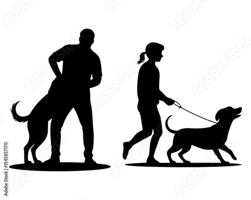 Silhouettes of people walking dogs in black and white