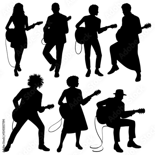 Silhouettes of people playing electric guitars art