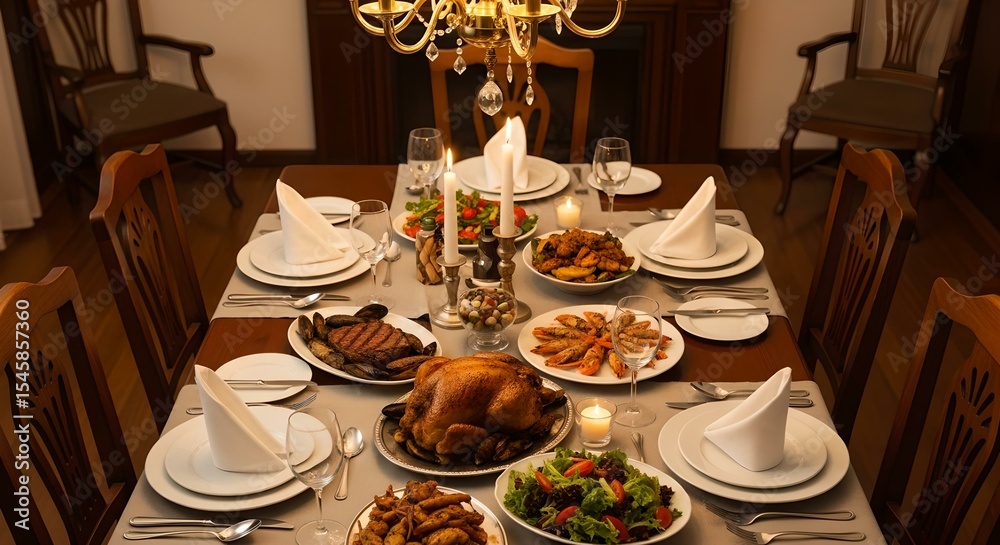 Fototapeta premium A beautifully set dining table with a festive feast, ready for guests.