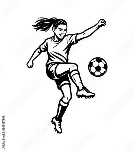 Illustration of Woman Soccer Player Kicking Ball with Raised Arm in Black and White