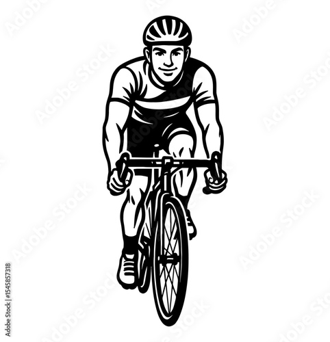 Man Riding Bicycle With Helmet in Detailed Black and White Outline Line Art Drawing