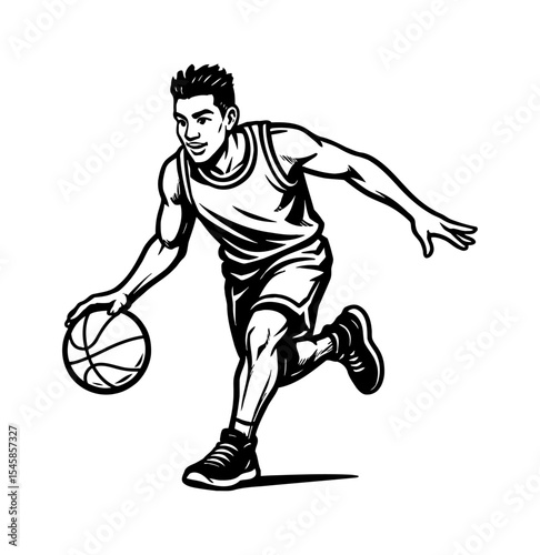 Illustration of a smiling man dribbling a basketball in monochrome line art style