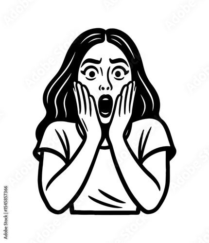 A woman with long hair looking scared with hands on her face in black and white illustration