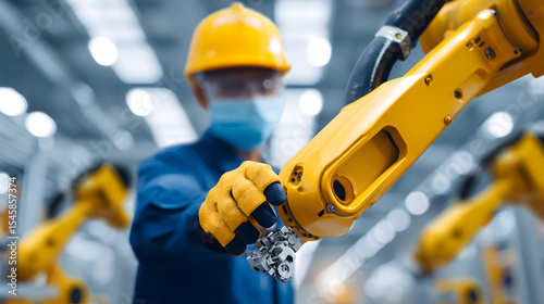 Precision in Motion: A masked engineer in protective gear adjusts a robotic arm in a modern factory setting, showcasing the delicate dance between human expertise and automated precision.
