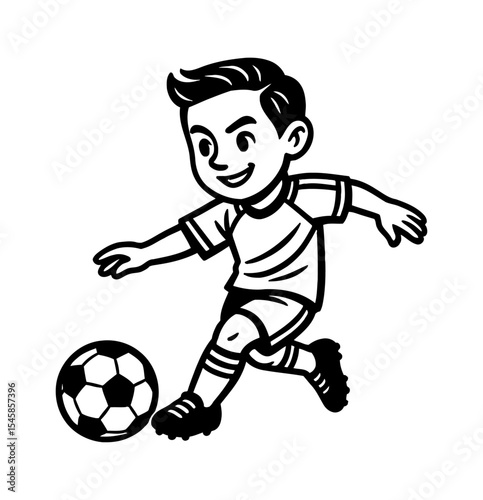 Boy Kicking Soccer Ball with Determined Expression in Black and White Line Art