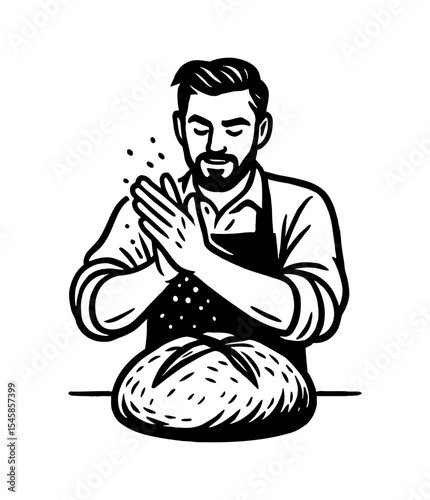 Baker preparing bread dough, sprinkling flour on top in black and white vector illustration