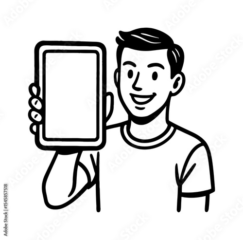 Cartoon Man Holding Blank Smartphone Screen Display with Happy Expression in Line Art Style