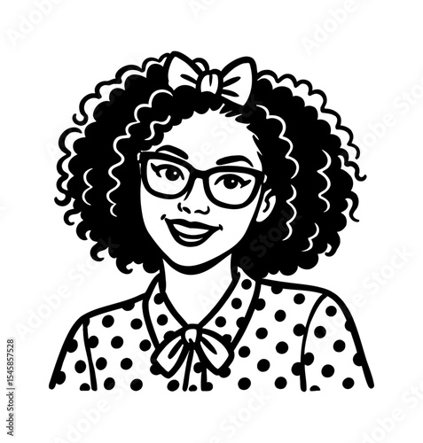 Portrait of Smiling Black Woman with Curly Hair Wearing Glasses and Polka Dot Shirt