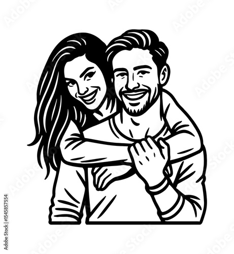 Happy Couple Embracing in Black and White Illustration, Smiling with Affectionate Expression