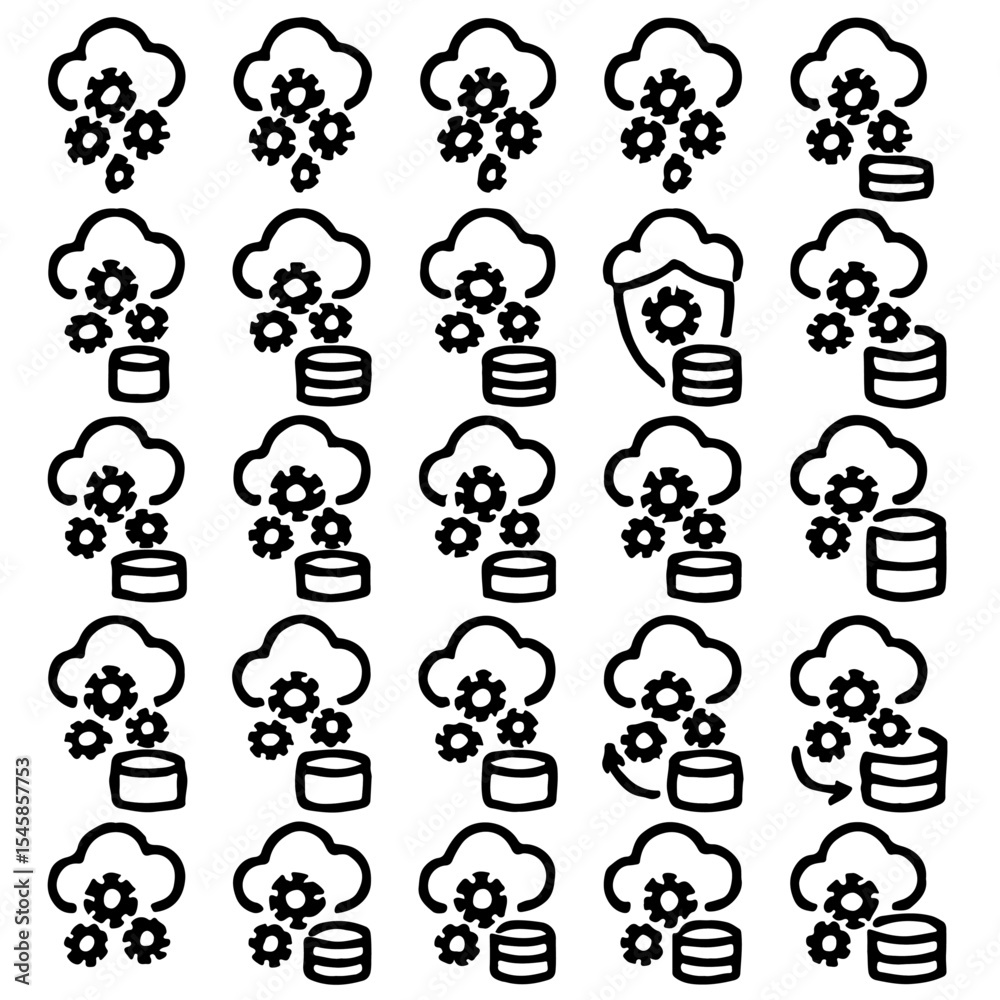 Obraz premium Cloud computing and data management with icons, symbolising technological infrastructure and security. The design incorporates icons of clouds, gears, databases.