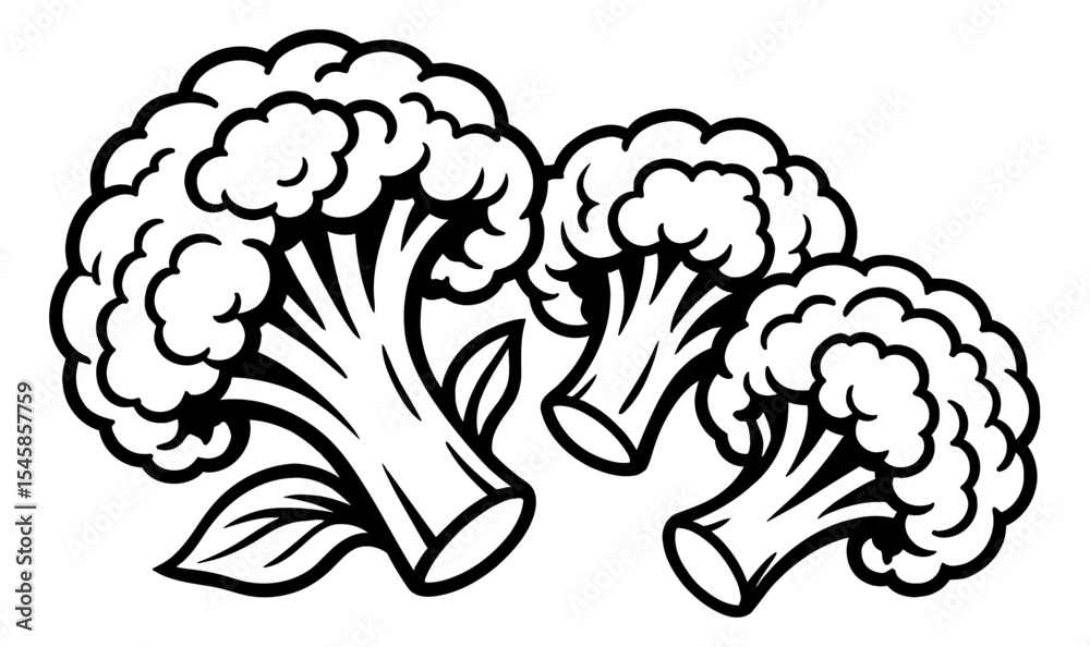 Fototapeta premium Outline Illustration of Three Broccoli Florets in Black and White