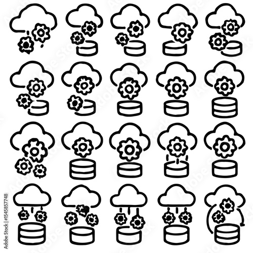 Cloud computing and database icons arranged in an array. The image shows many cloud icons with gears and database symbol