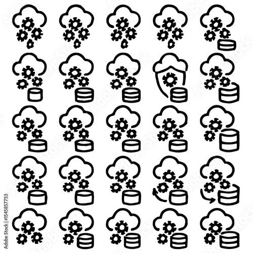 Cloud computing and data management with icons, symbolising technological infrastructure and security. The design incorporates icons of clouds, gears, databases.