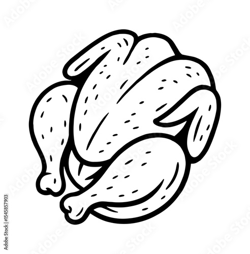 Roasted Chicken in Black and White Line Art Style, Ready to Eat