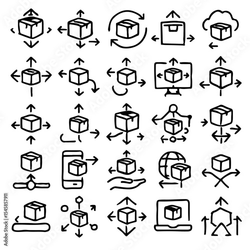 A collection of stylized icons depicting the concept of packages and shipping