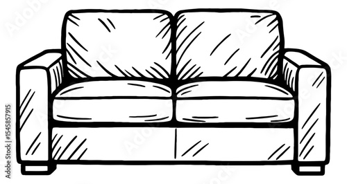 Illustration of Comfortable Two-Seater Sofa in Black and White Outline, Living Room Furniture