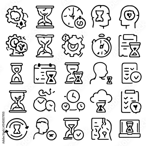 Collection of outline icons related to time, management, and planning. There are clocks, hourglasses, calendars, and other related imagery