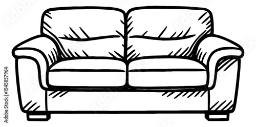 Hand Drawn Black and White Illustration of a Two Seat Sofa or Couch