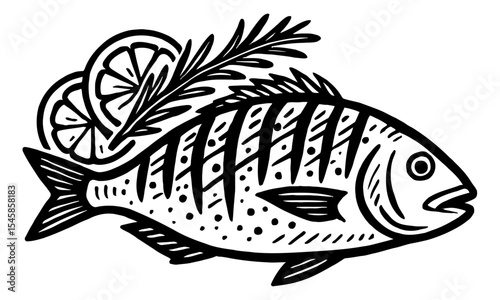Fish Illustration with Lemon Slices and Rosemary in Detailed Black and White Drawing