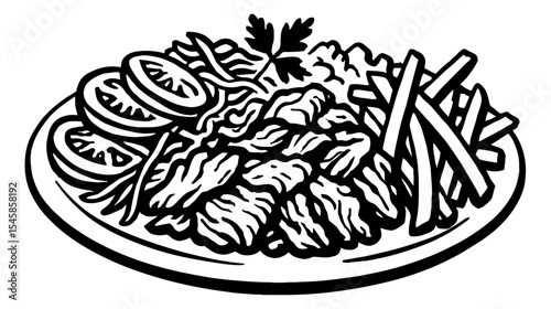 Illustration of a Plate Full of Food with Tomatoes, Parsley, Pasta and Fries