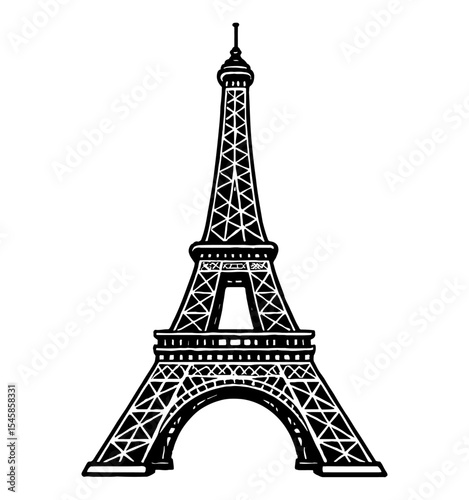 Illustration of the Eiffel Tower in Black and White, France Paris Famous European Landmark