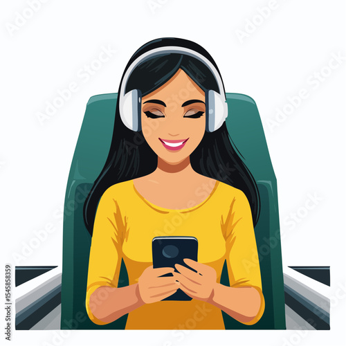 Young woman wearing wireless headphones using smart phone and traveling in train